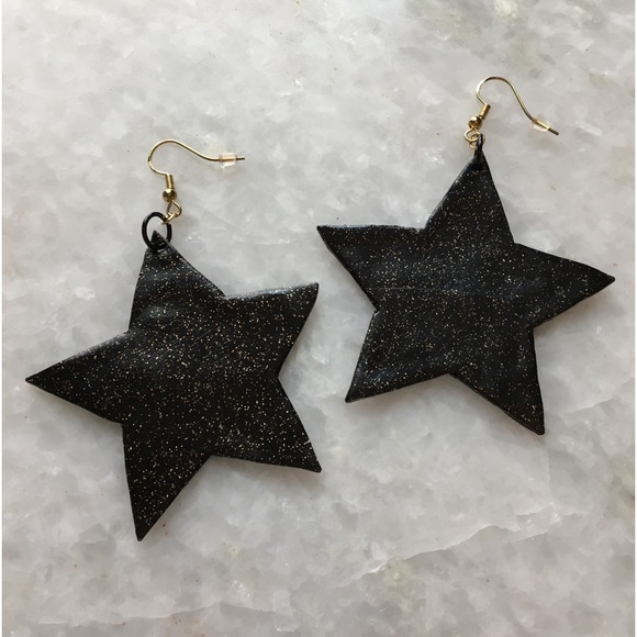 Hand Crafted Jewelry - Large Black Stars with gold glitter accents handcrafted statement earrings ✨⭐️🖤